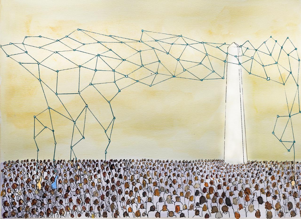 Drawing of loads of people looking at a tower